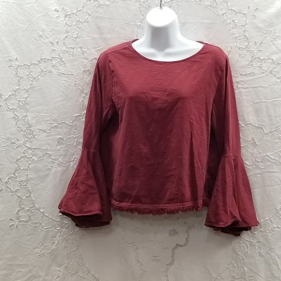 F and F Cotton Wine Midriff Bell Sleeve w/fringe - Picture 1 of 5